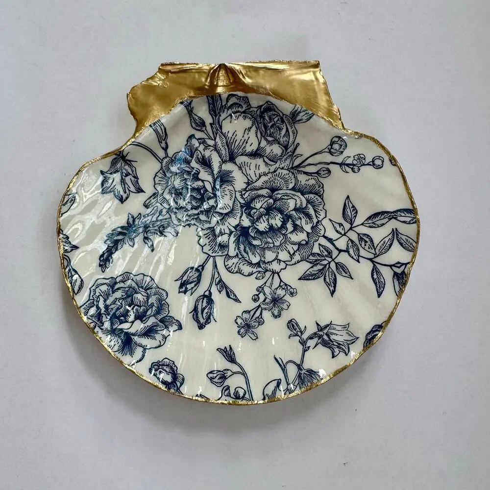Floral Botanical Trinket Dish | Shell Jewelry | Ring Holder | Vintage Floral